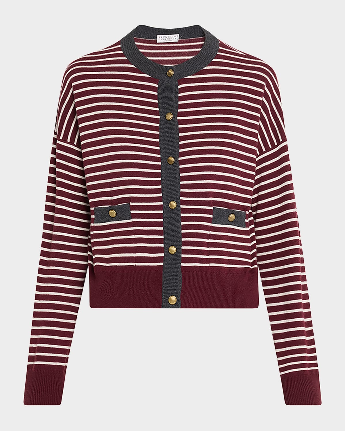 Striped Wool-Cashmere Crewneck Cardigan