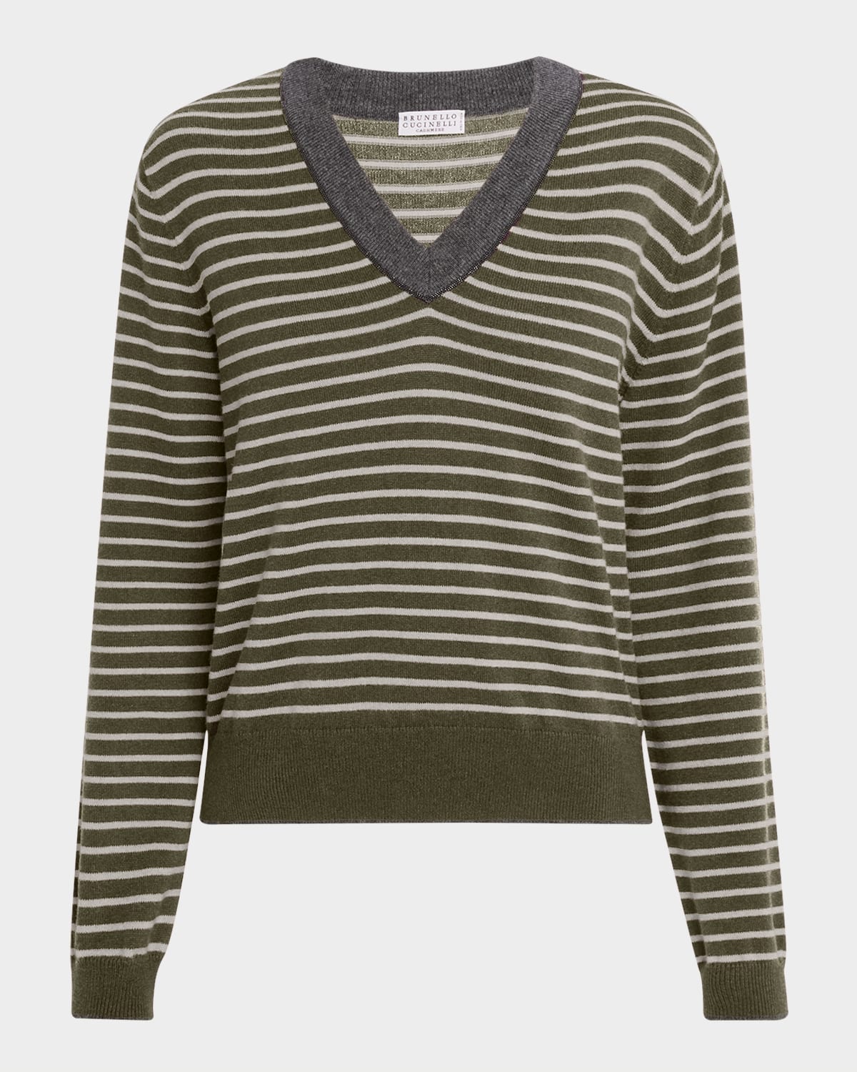 Brunello Cucinelli Striped Wool-cashmere V-neck Sweater In Green