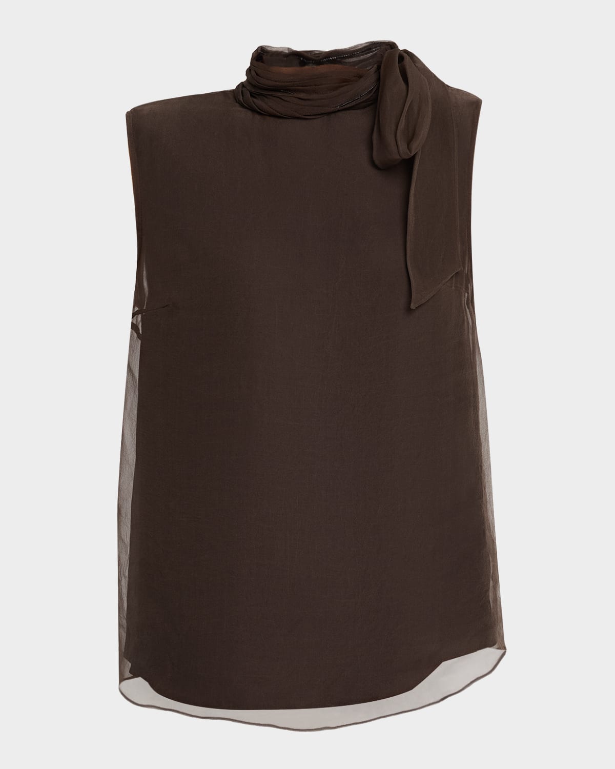 Brunello Cucinelli Crispy Silk Chiffon Tie Blouse In Brown