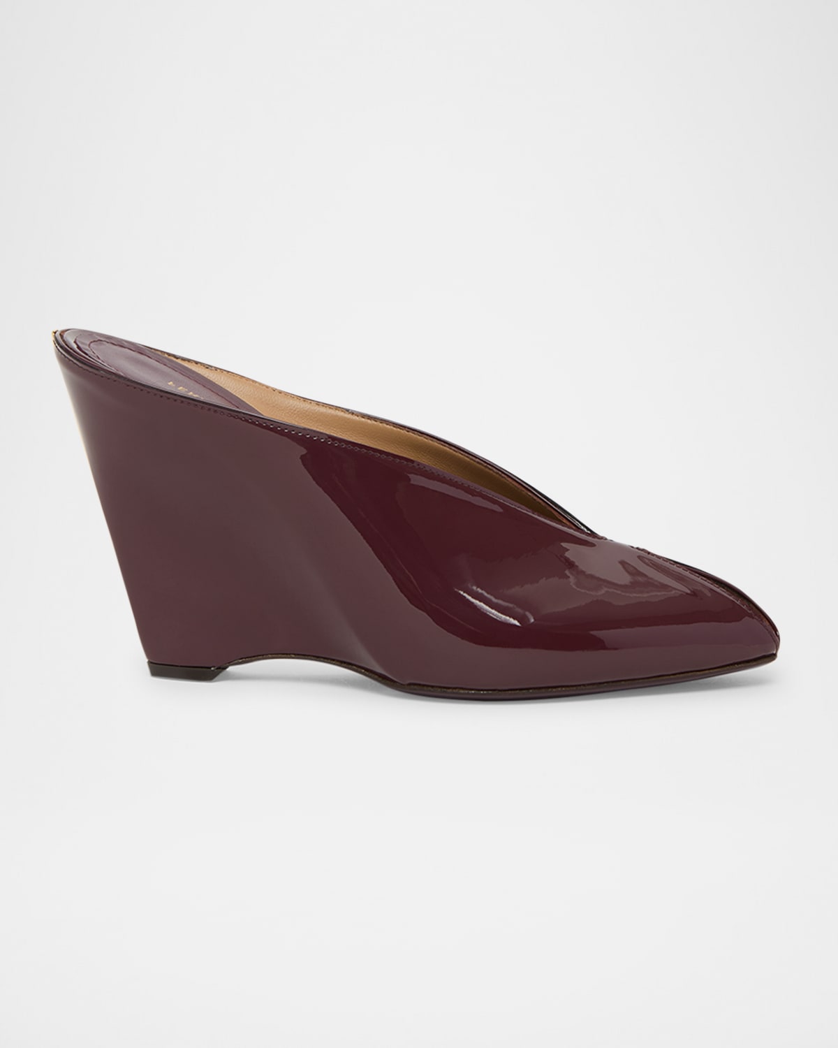 Ferragamo Alicia Patent Leather Peep-toe Wedge Mules In Brown