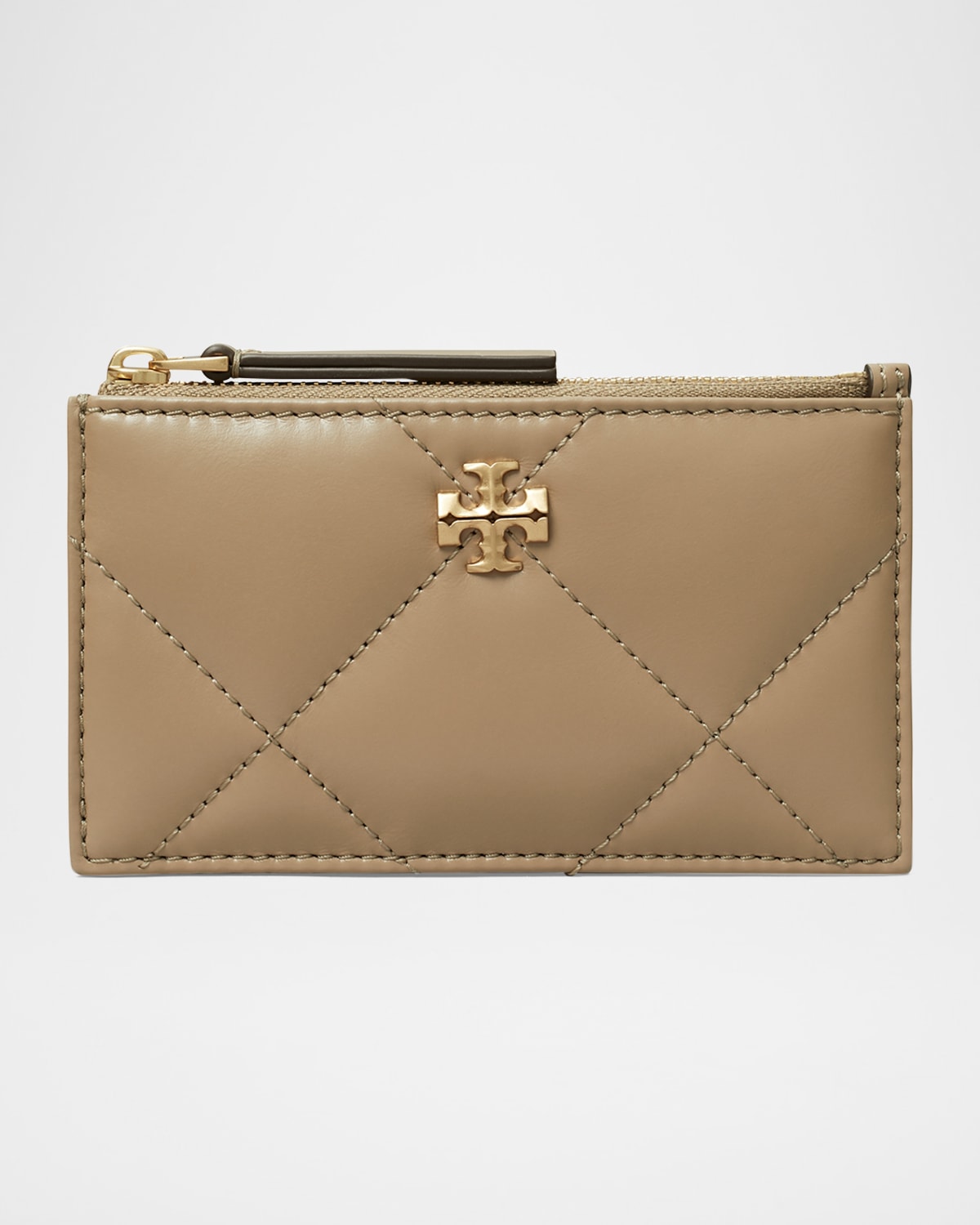 Tory Burch Kira Diamond Quilted Leather Zip Card Case In Taupe Oak