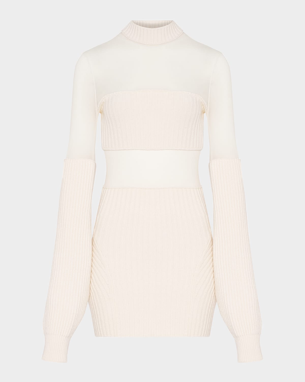 Jean Paul Gaultier Mesh Cutout Ribbed Knit Long-sleeve Mini Dress In Sand