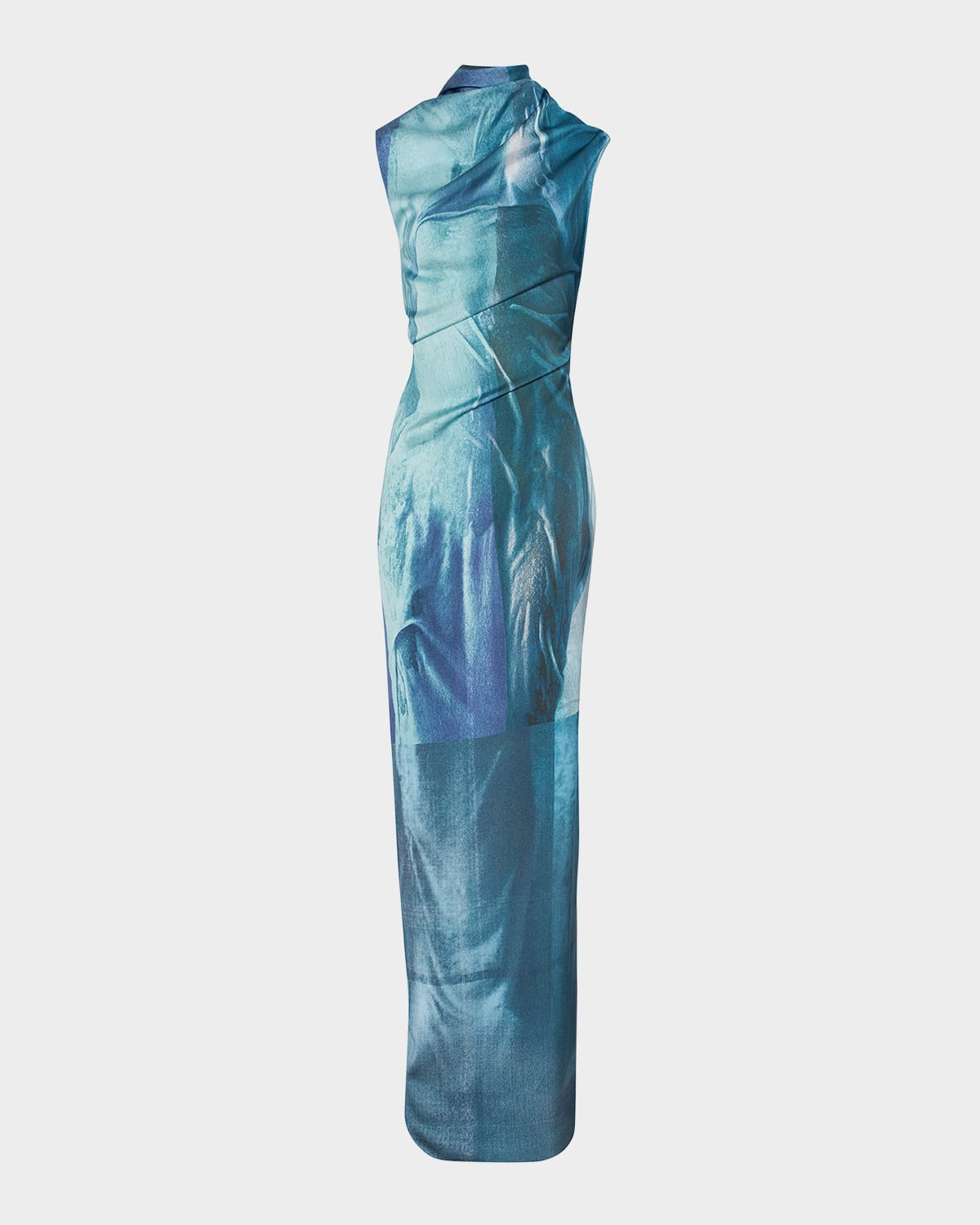 Jean Paul Gaultier Water-print Draped Satin Maxi Dress In Blue