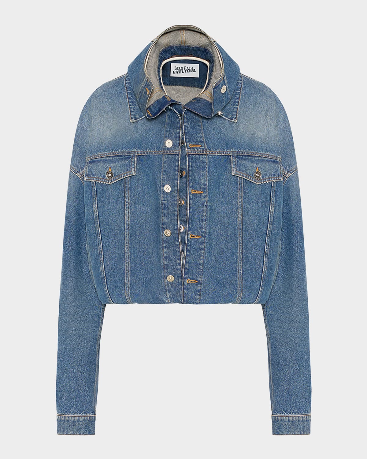 Jean Paul Gaultier Double Layer Denim Jacket With Hood In Blue