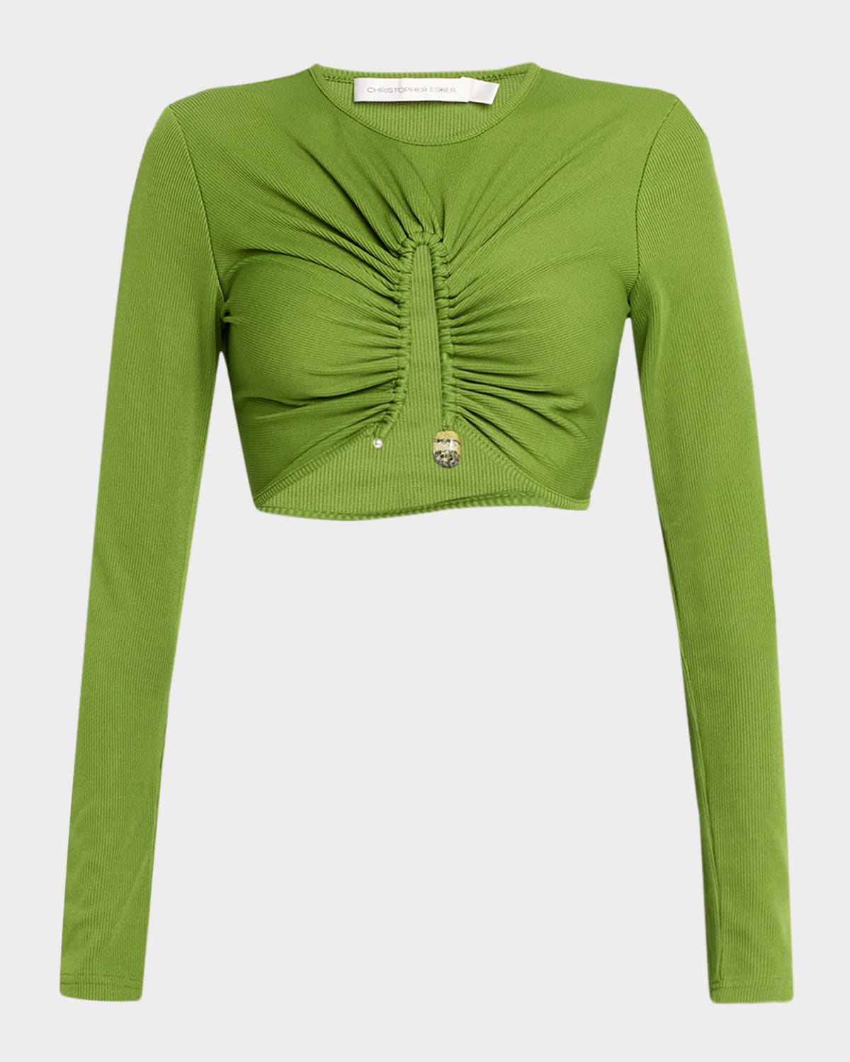 Christopher Esber Crystal Pin Long-sleeve Rib Crop Top In Green