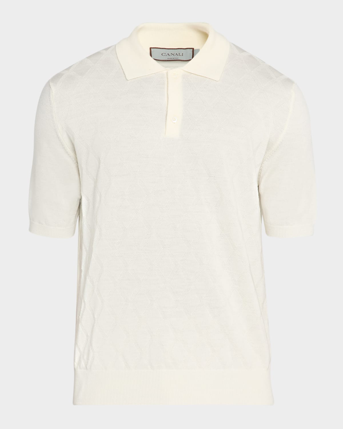 Canali Men's Diamond Knit Wool Short-sleeve Polo Sweater In White