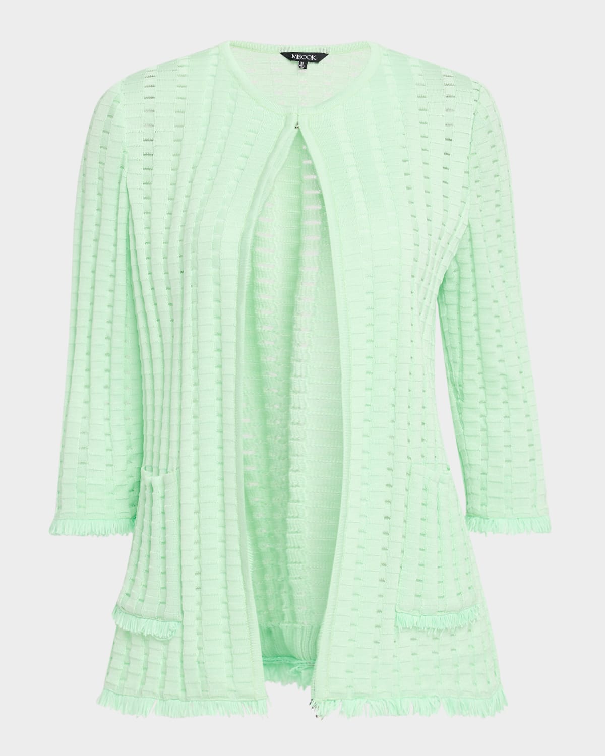 Misook Heritage Fringe-trim Tonal Burnout Knit Jacket In Green