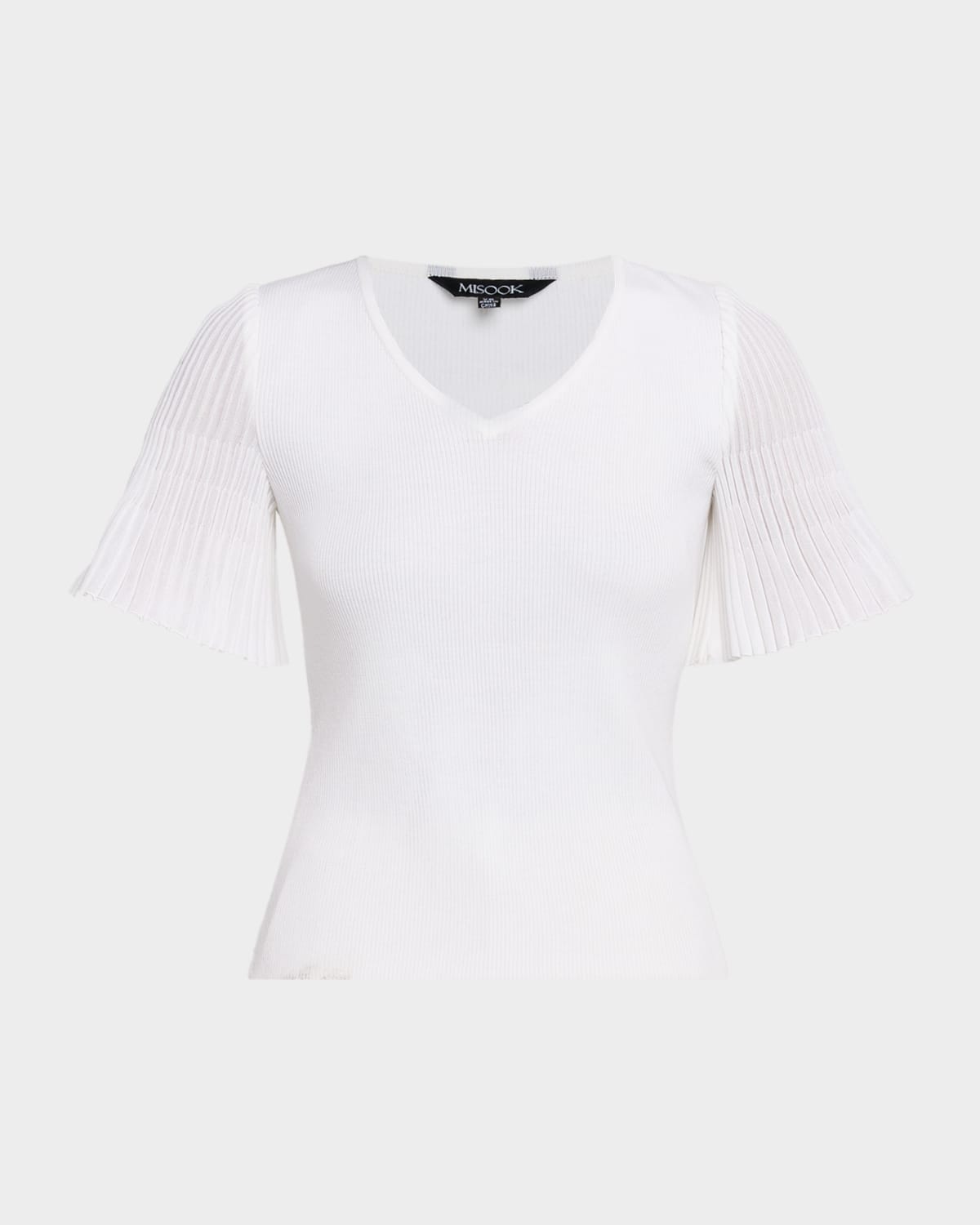 Misook Pleated Flutter-sleeve Rib Knit Tunic In White