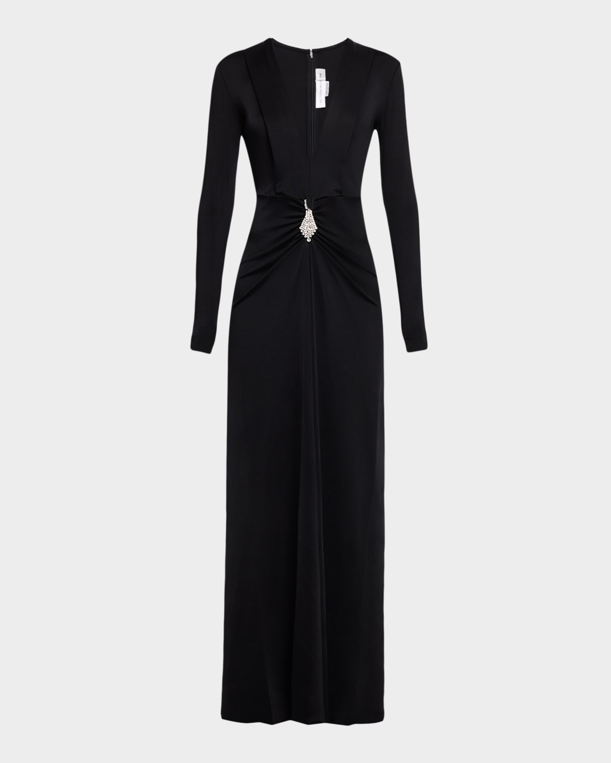 Victoria Beckham Plunging Gathered Crystal Long-sleeve Gown In Black