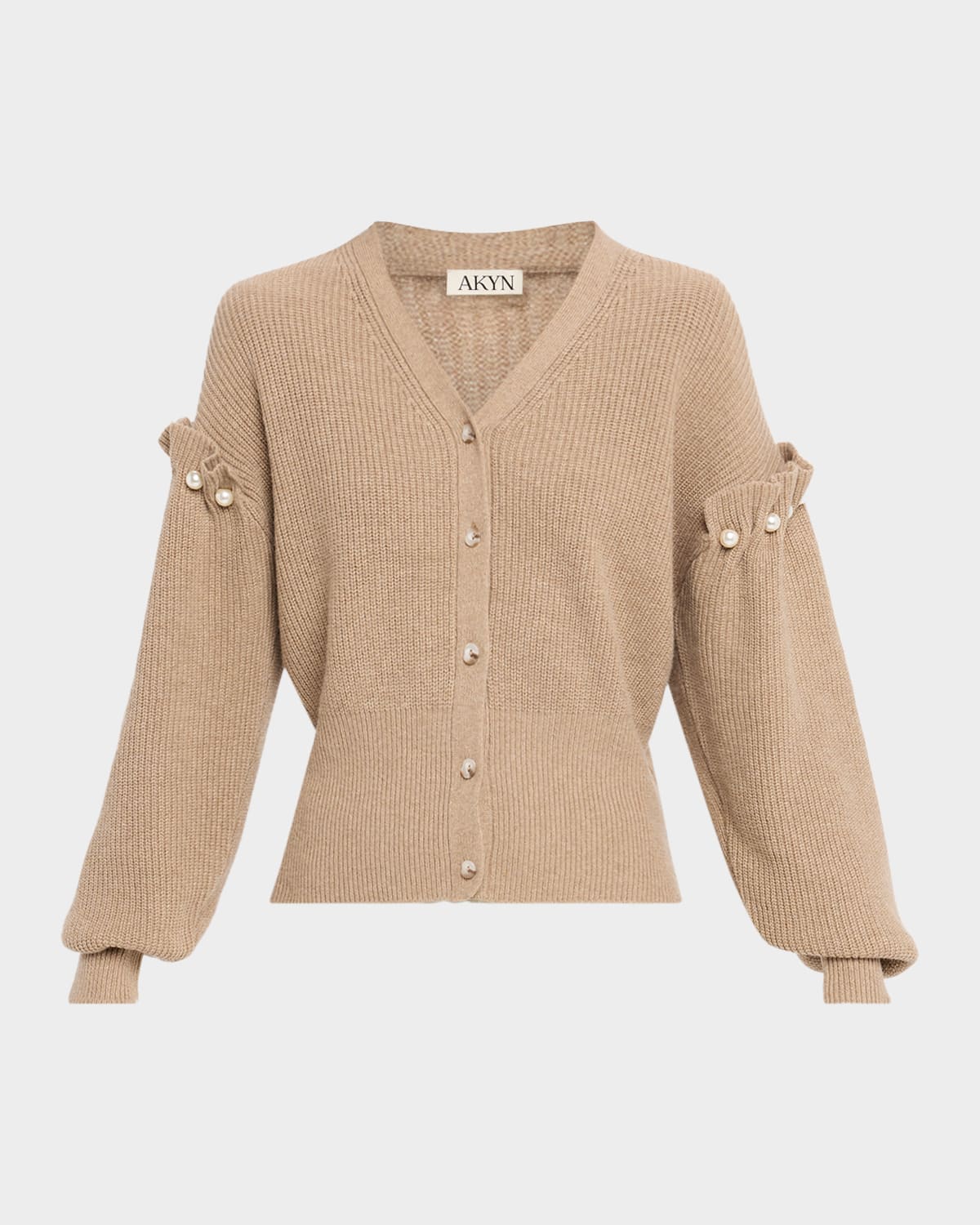 Akyn Studio Zelia Knit Faux-pearl Cardigan In Brown