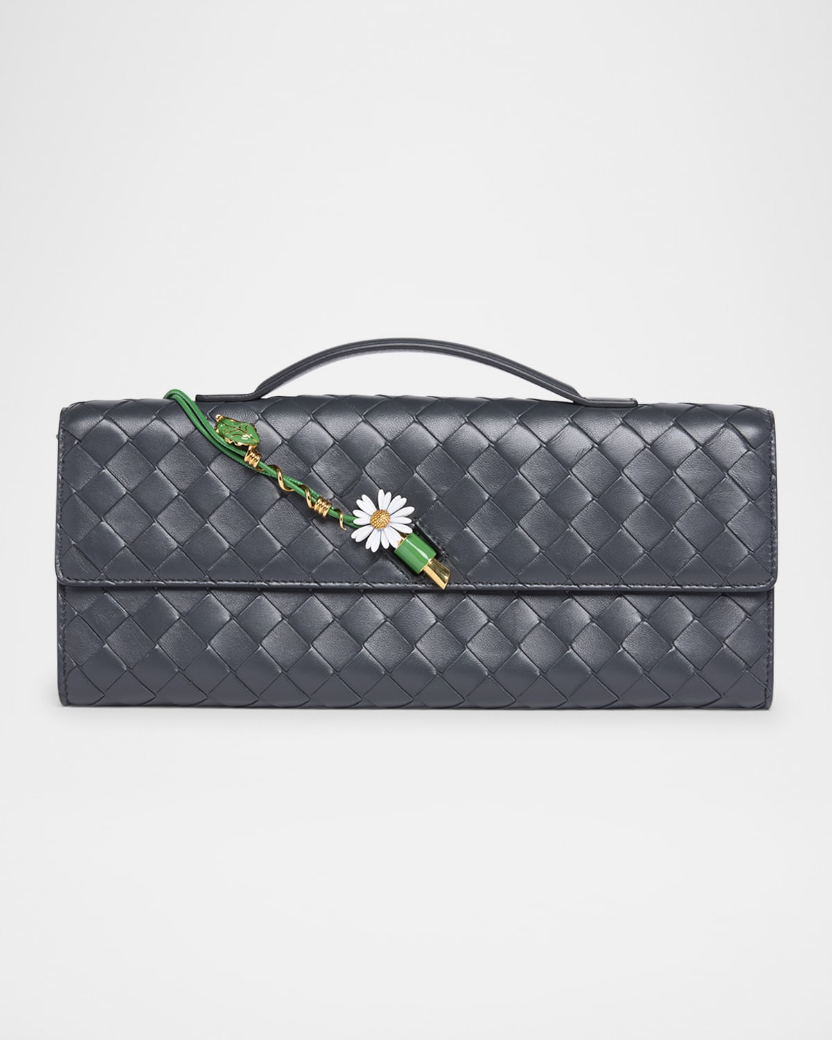 Bottega Veneta Andiamo Flower-embellished Leather Clutch Bag In Black