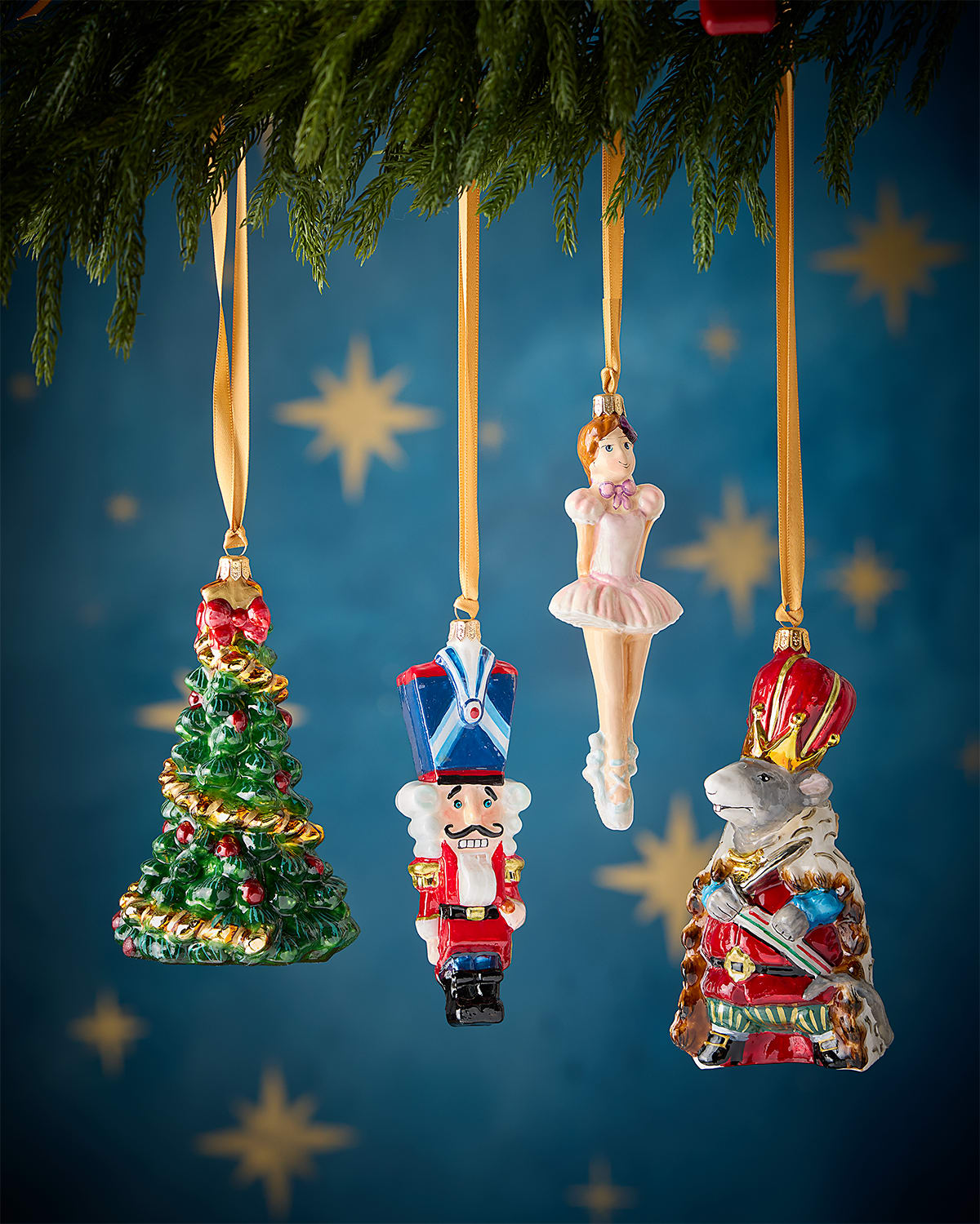 Komozja Ballerina, Nutcracker, Tree And Mouse King Christmas Ornaments, Set Of 4