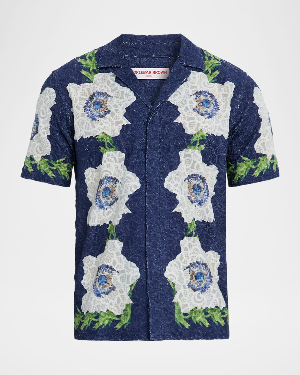 Men's Broderie Anglaise Embroidered Relaxed-Fit Camp Shirt