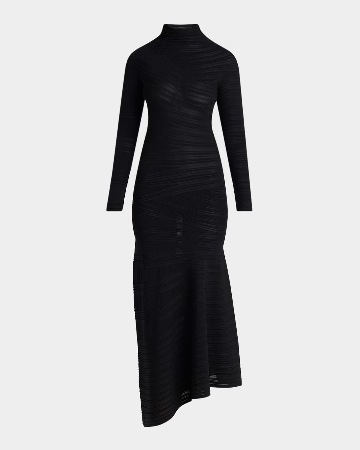 Giorgio Armani Asymmetric Tonal Striped Jersey Mock-neck Midi Dress In Black
