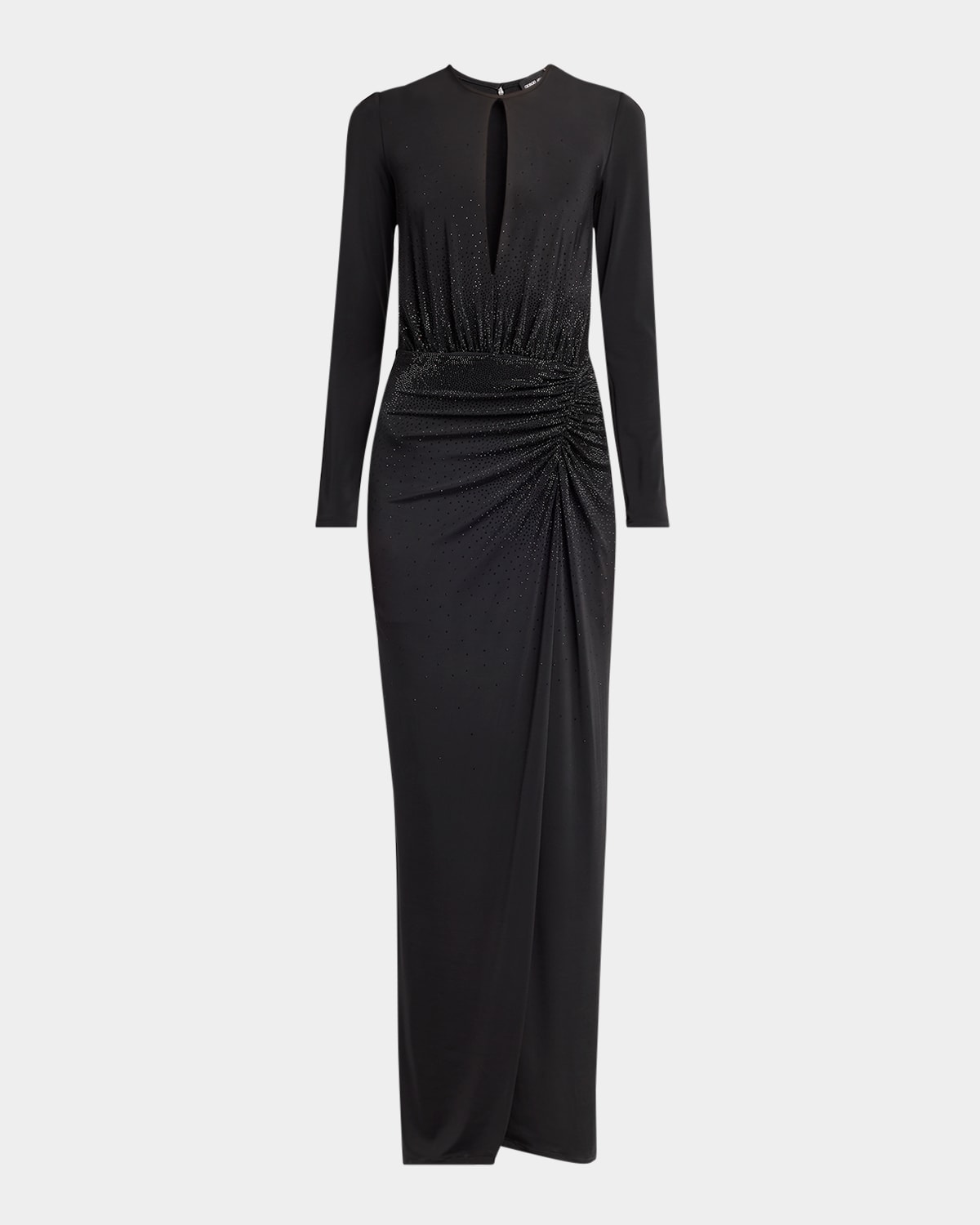 Giorgio Armani Keyhole Long-sleeve Crystal Draped Jersey Gown In Black