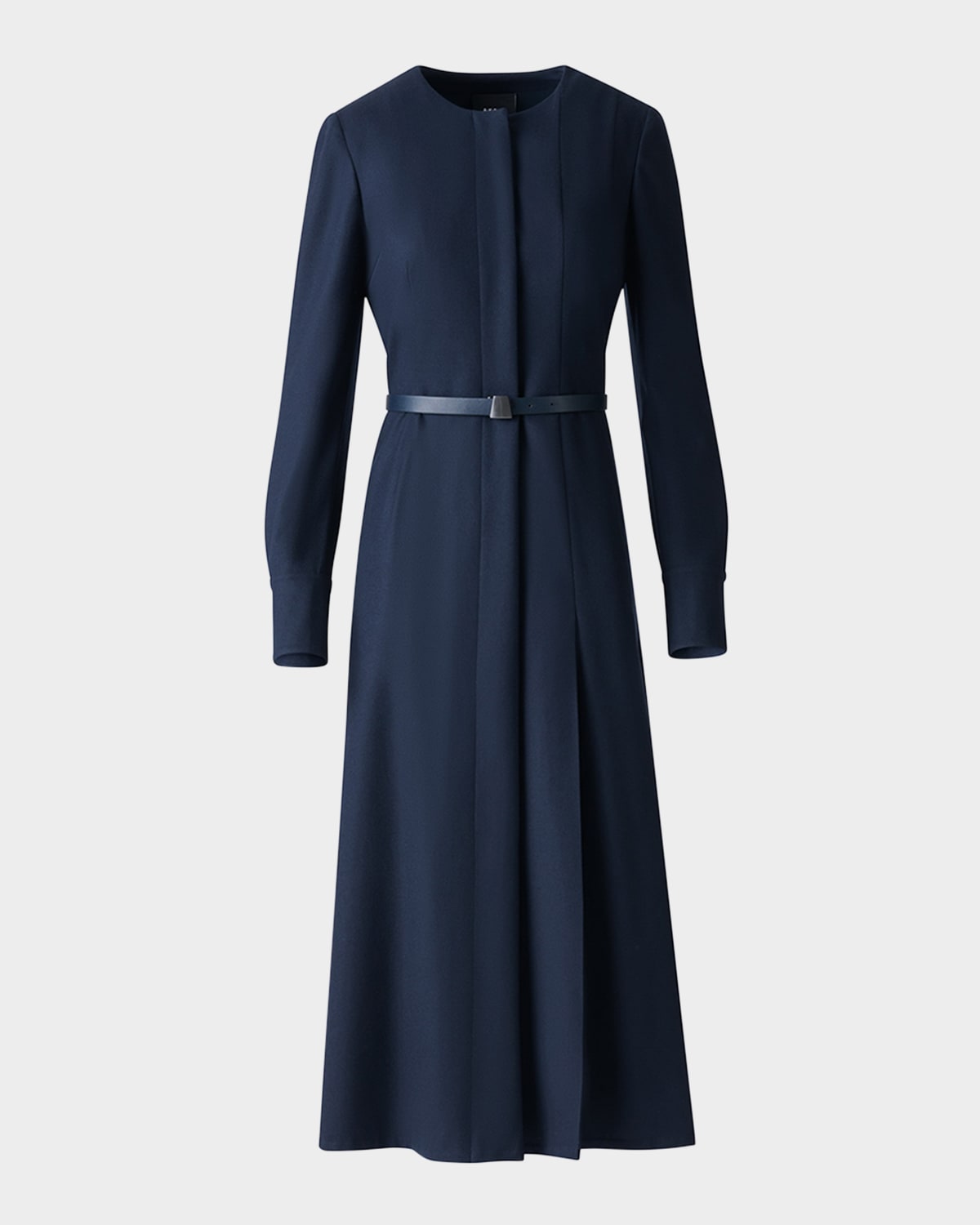 Akris Pleated Wool Stretch Flannel Midi Dress With Belt In Blue