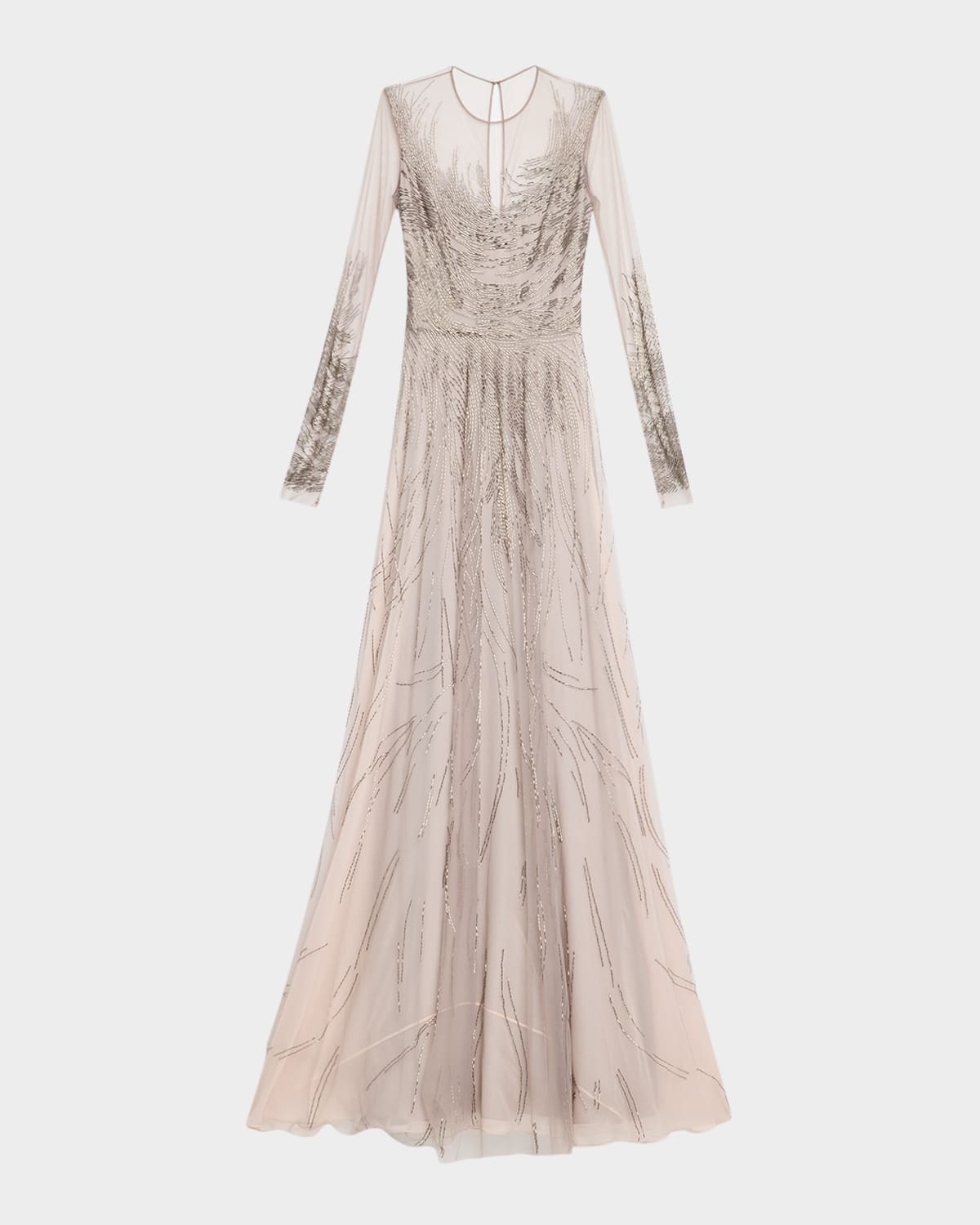 Abstract Beaded Long-Sleeve Illusion Gown