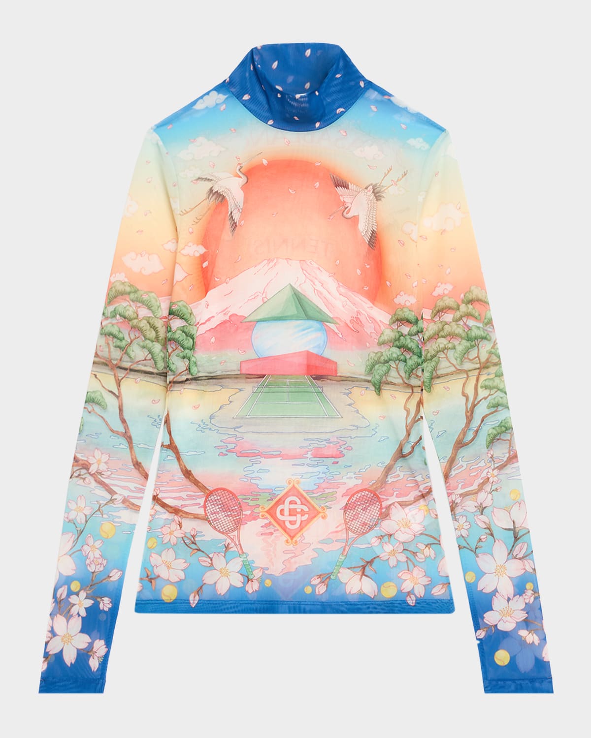 Casablanca Mock-neck Printed Mesh Long-sleeve Top In Blue