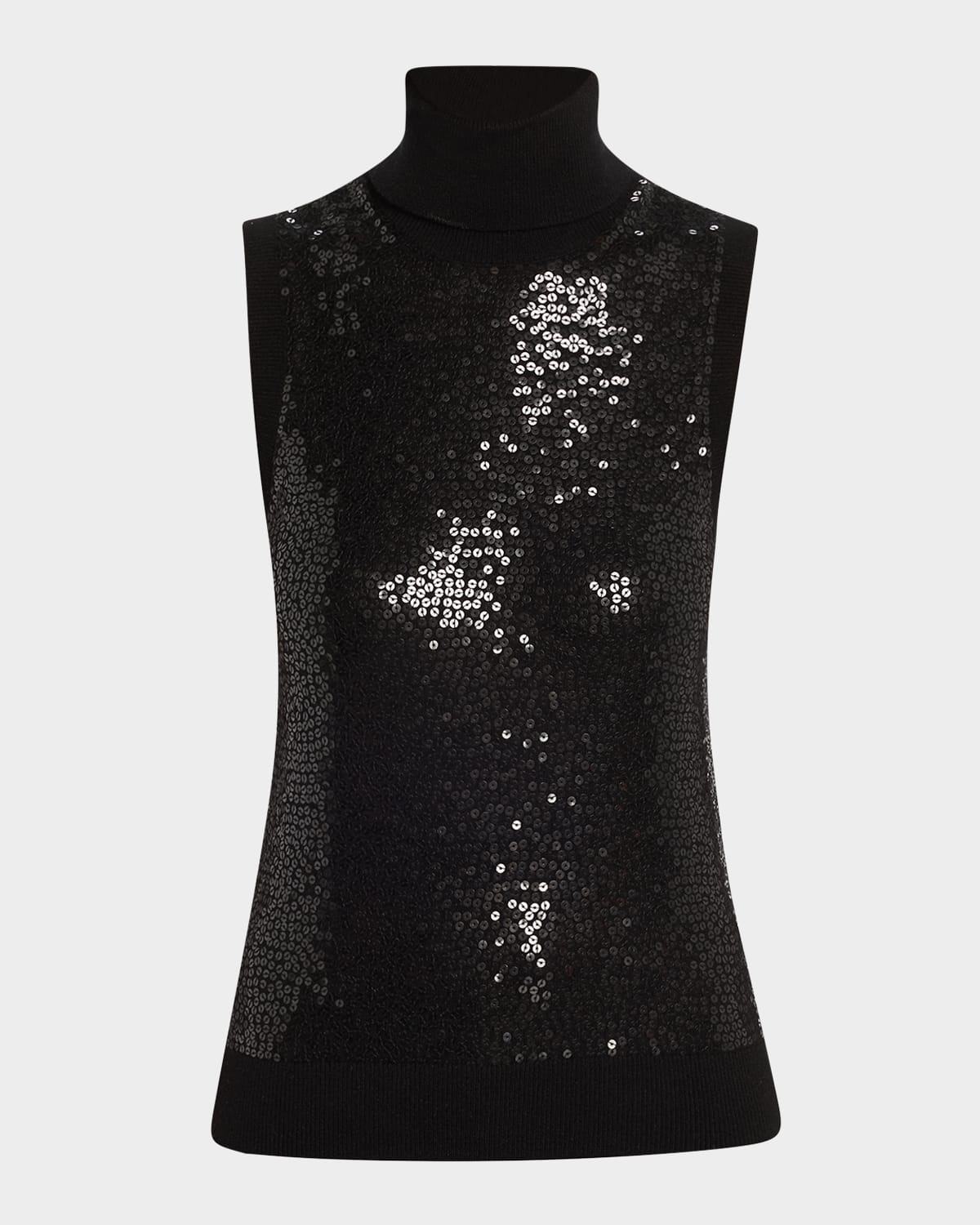 Sequined Sleeveless Cashmere Turtleneck