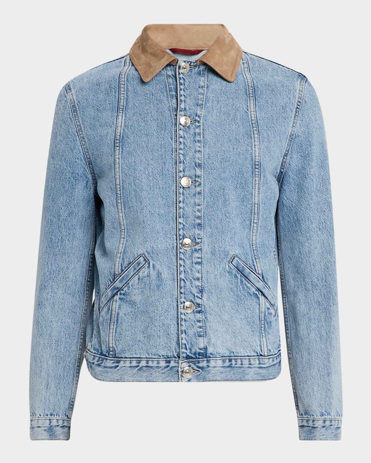 Men's Suede-Collar Light Wash Denim Jacket