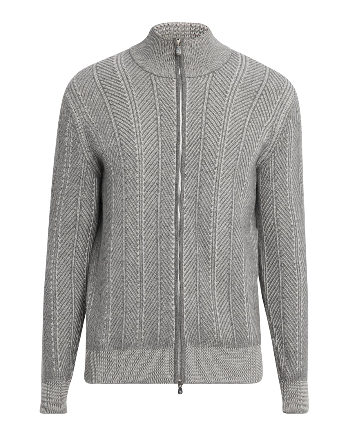 Brunello Cucinelli Men's Cashmere Chevron Full-zip Sweater In Gray