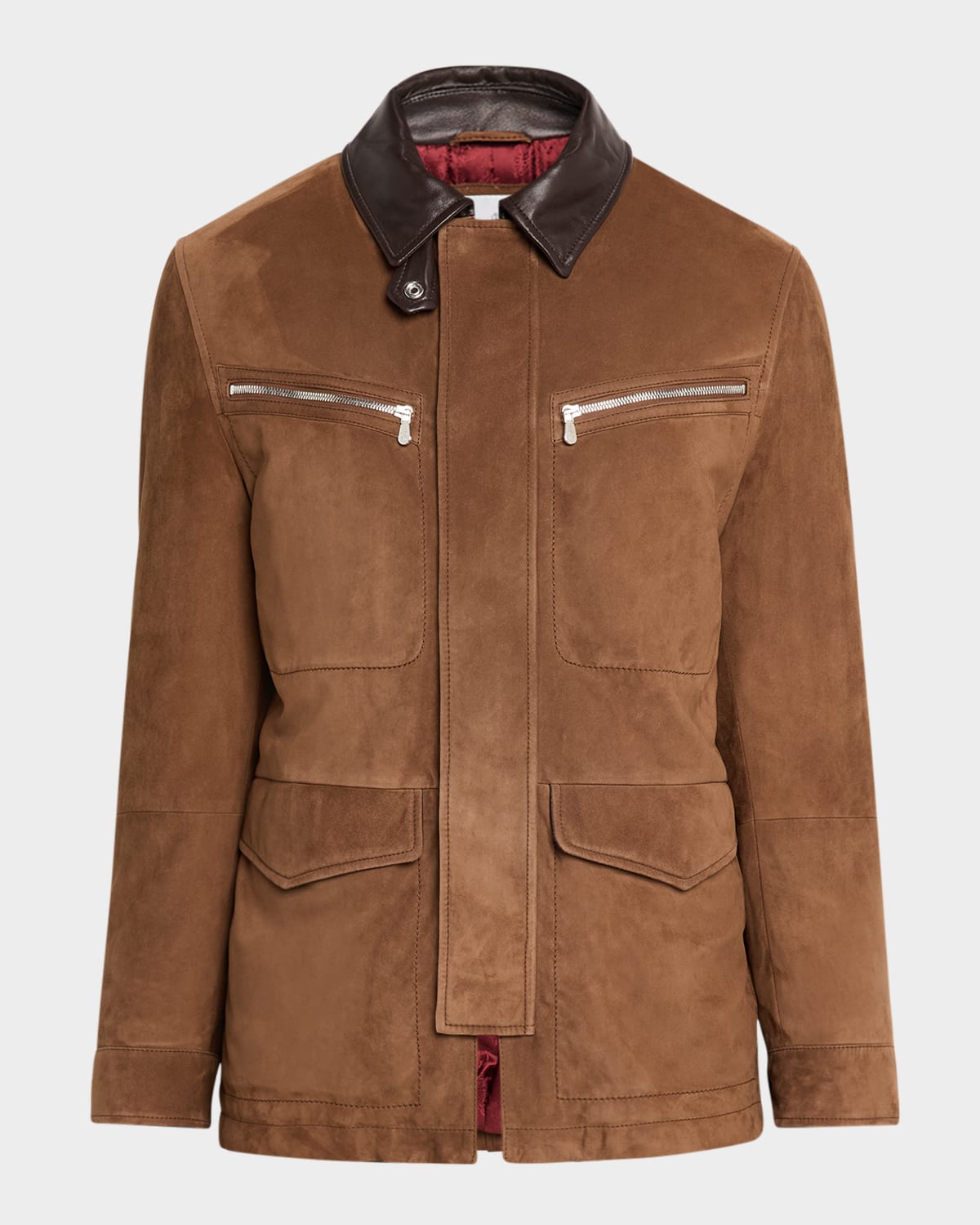 Men's Suede Leather-Collar Full-Zip Car Coat