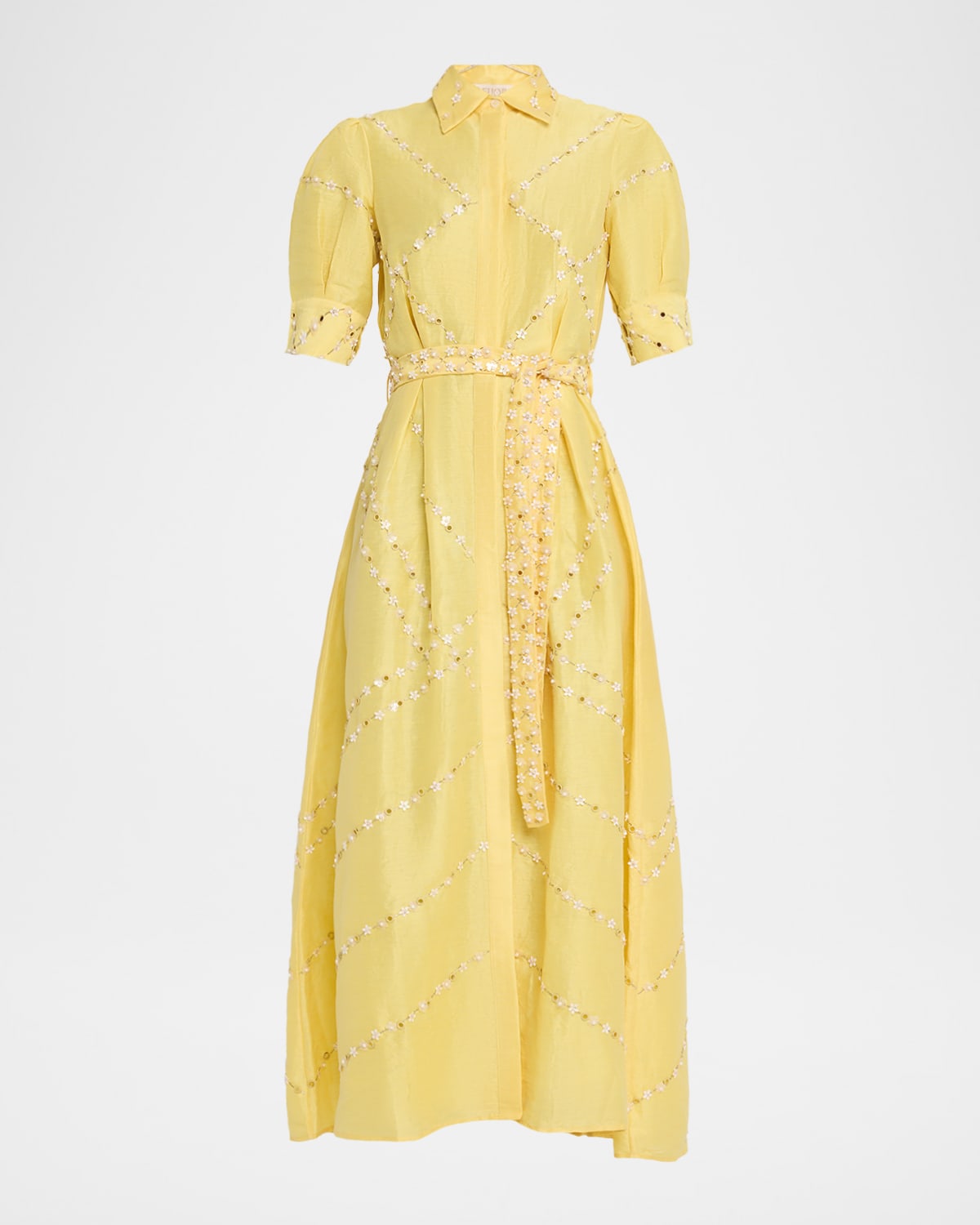 Embellished Organza Short-Sleeve Belted Midi Shirtdress