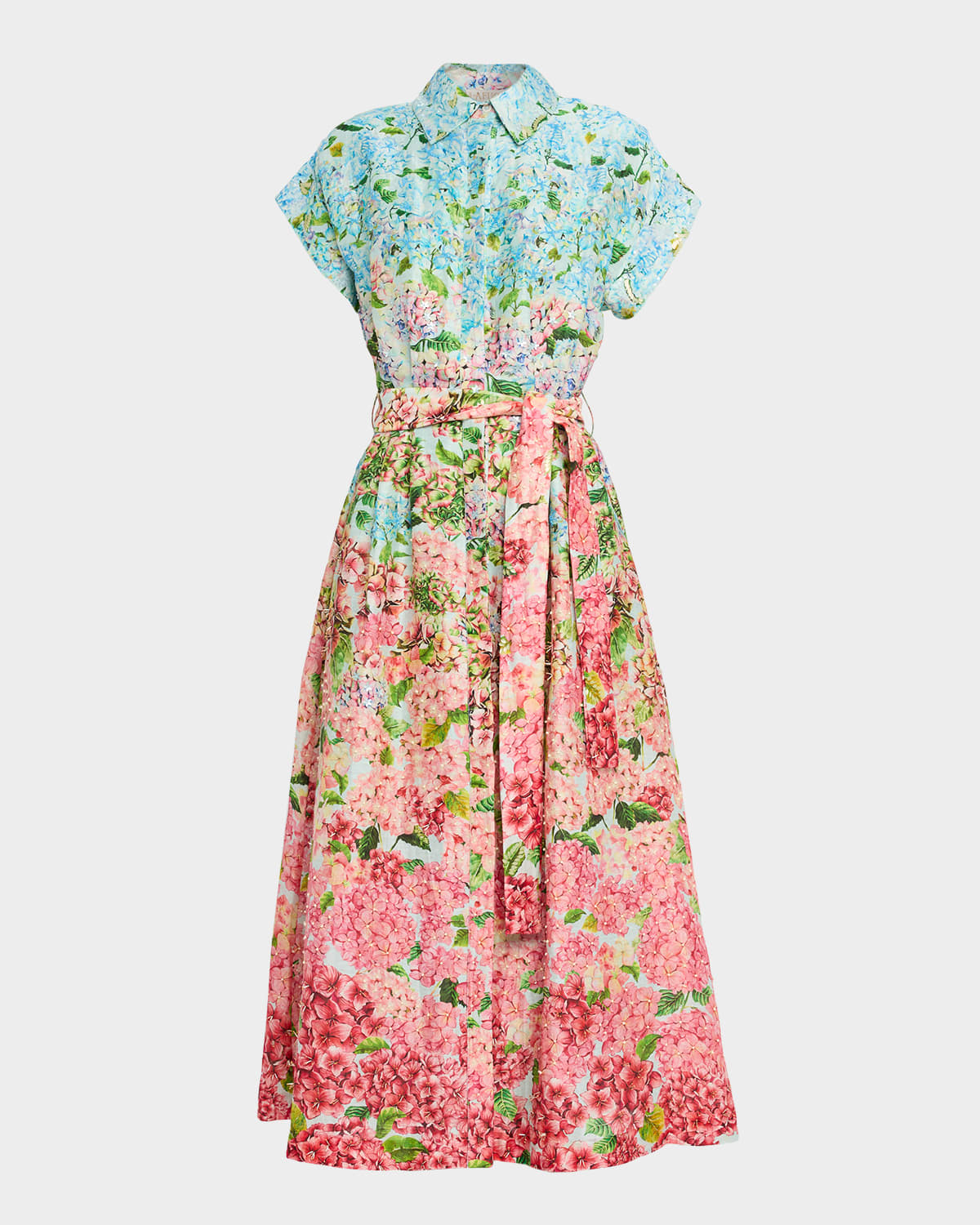 Sequined Hydrangea-Print Silk-Linen Organza Midi Shirtdress