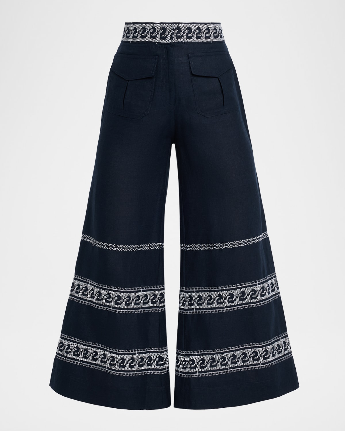 Silvia Tcherassi Zina Embroidered Linen Flare Crop Pants