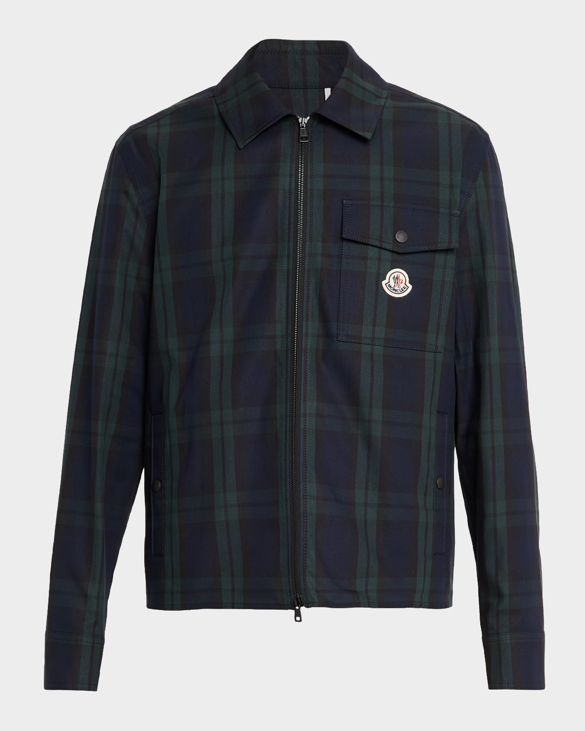 Moncler Camicia Plaid Cotton Zip Shirt Jacket In Blue
