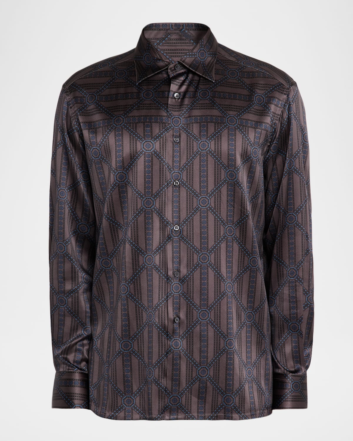 Stefano Ricci Men's Geometric Stripe Silk-elastane Sport Shirt In Brown