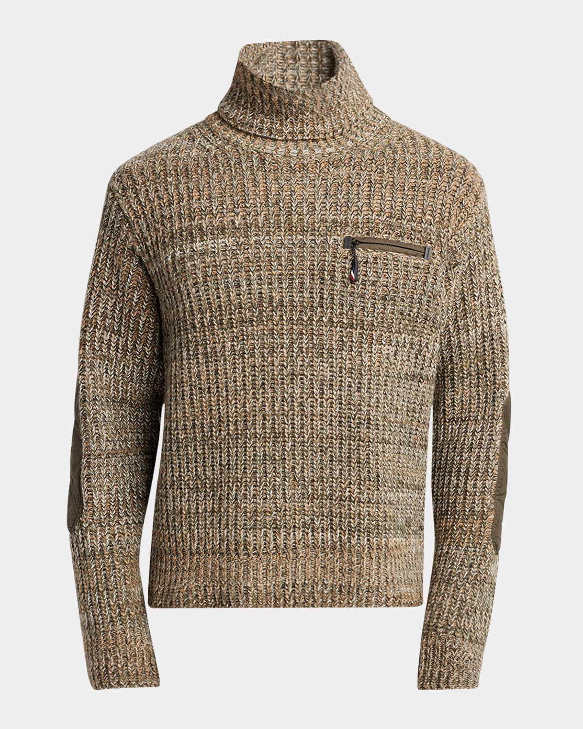 Moncler Men's Wool Rib Elbow-patch Turtleneck Sweater In Brown