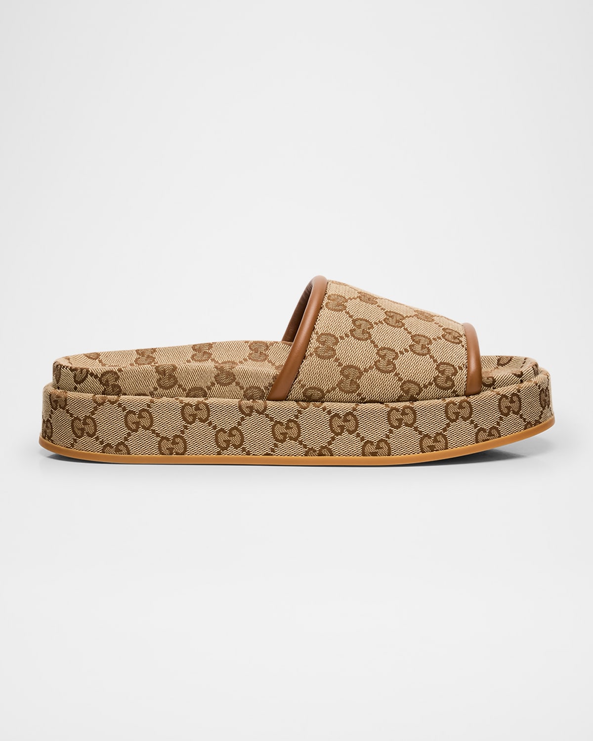 Gucci Women Beige Sandals With Leather Finishes And All-over Gg Motif In Fabric Woman In Brown