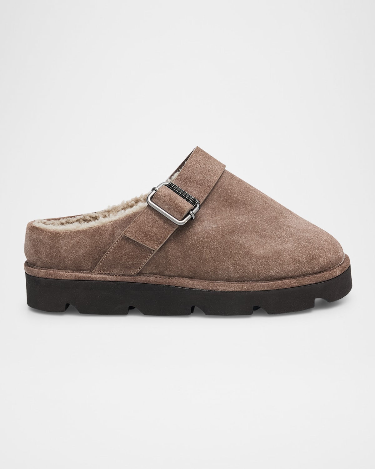 Brunello Cucinelli Shiny Detail Shearling-lined Suede Mules In Gray