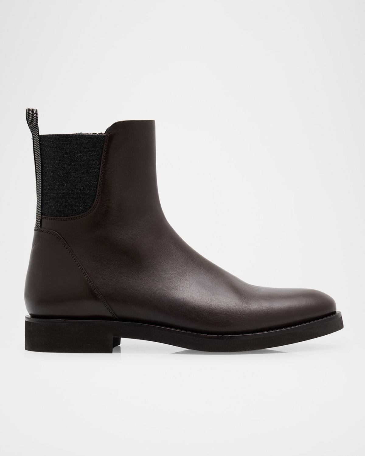Brunello Cucinelli Leather Ankle Booties With Monili Pull Tab In Brown