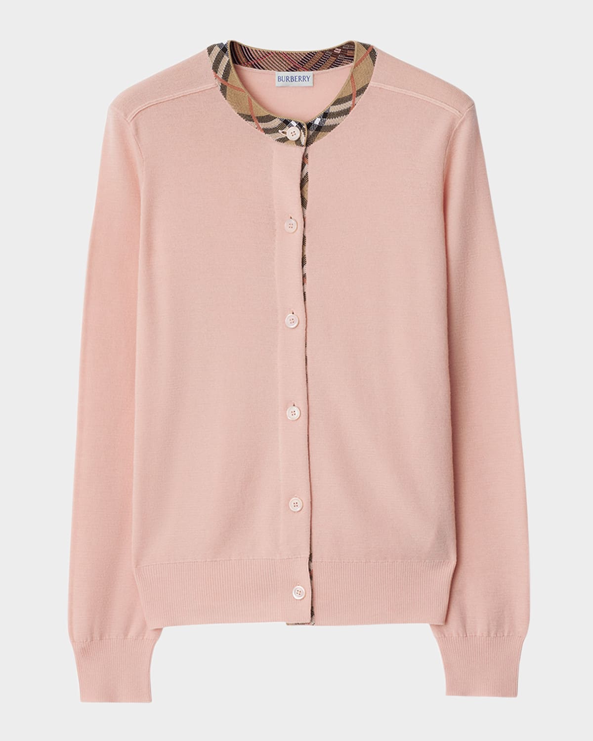 Burberry Check Collar Crewneck Cardigan In Pink