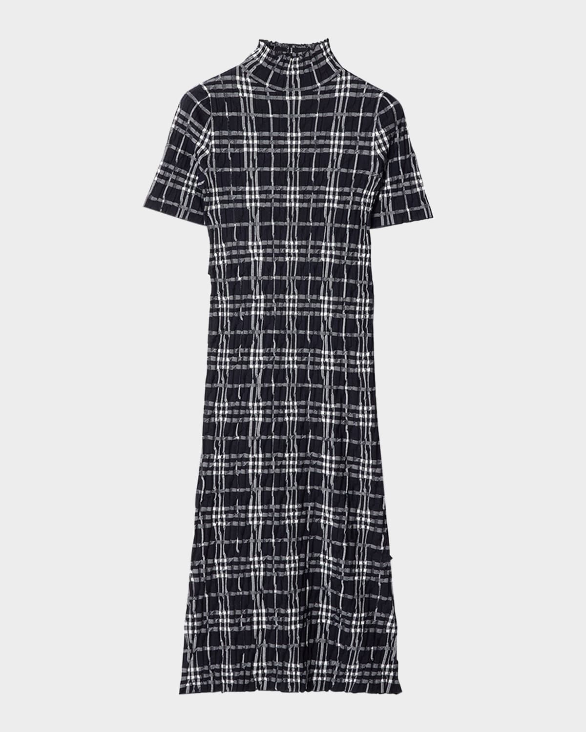Check Short-Sleeve Crinkle Midi Dress