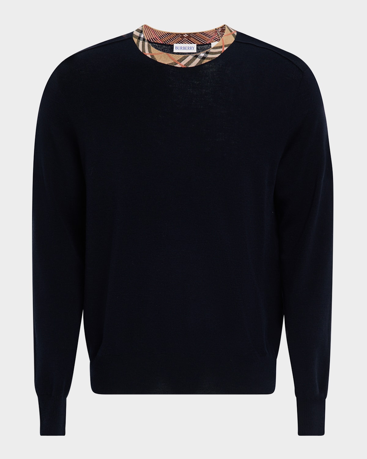 Men's Wool Knit Check-Trim Crewneck Sweater