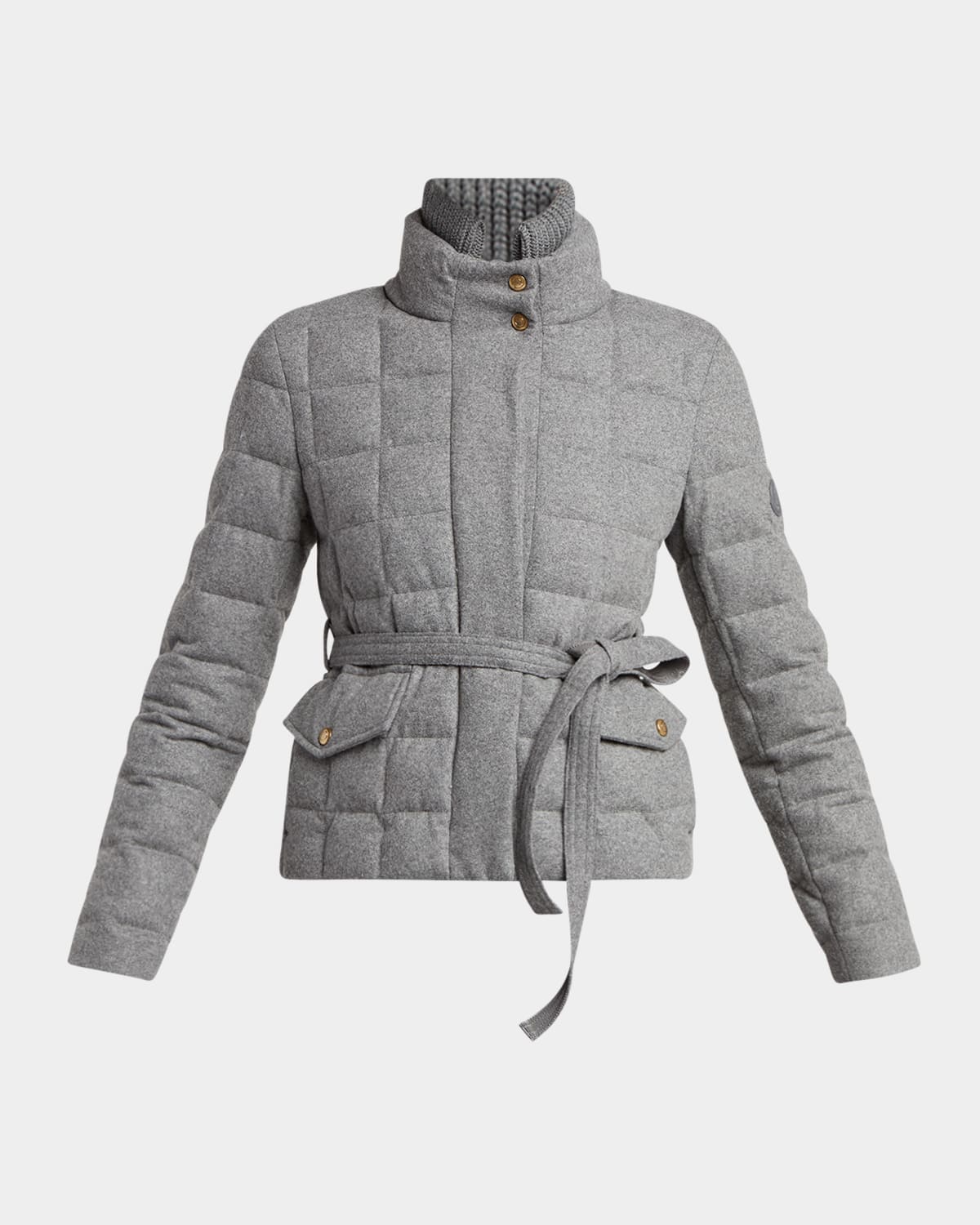 Moncler Women Bussettes Wool Blend Belted Short Down Jacket Grey In Gray