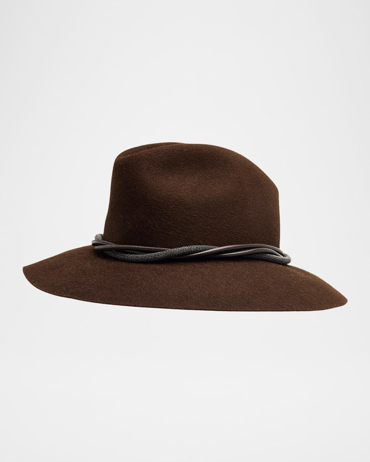Brunello Cucinelli Rabbit Felt Fedora Hat With Monili Trim In Brown