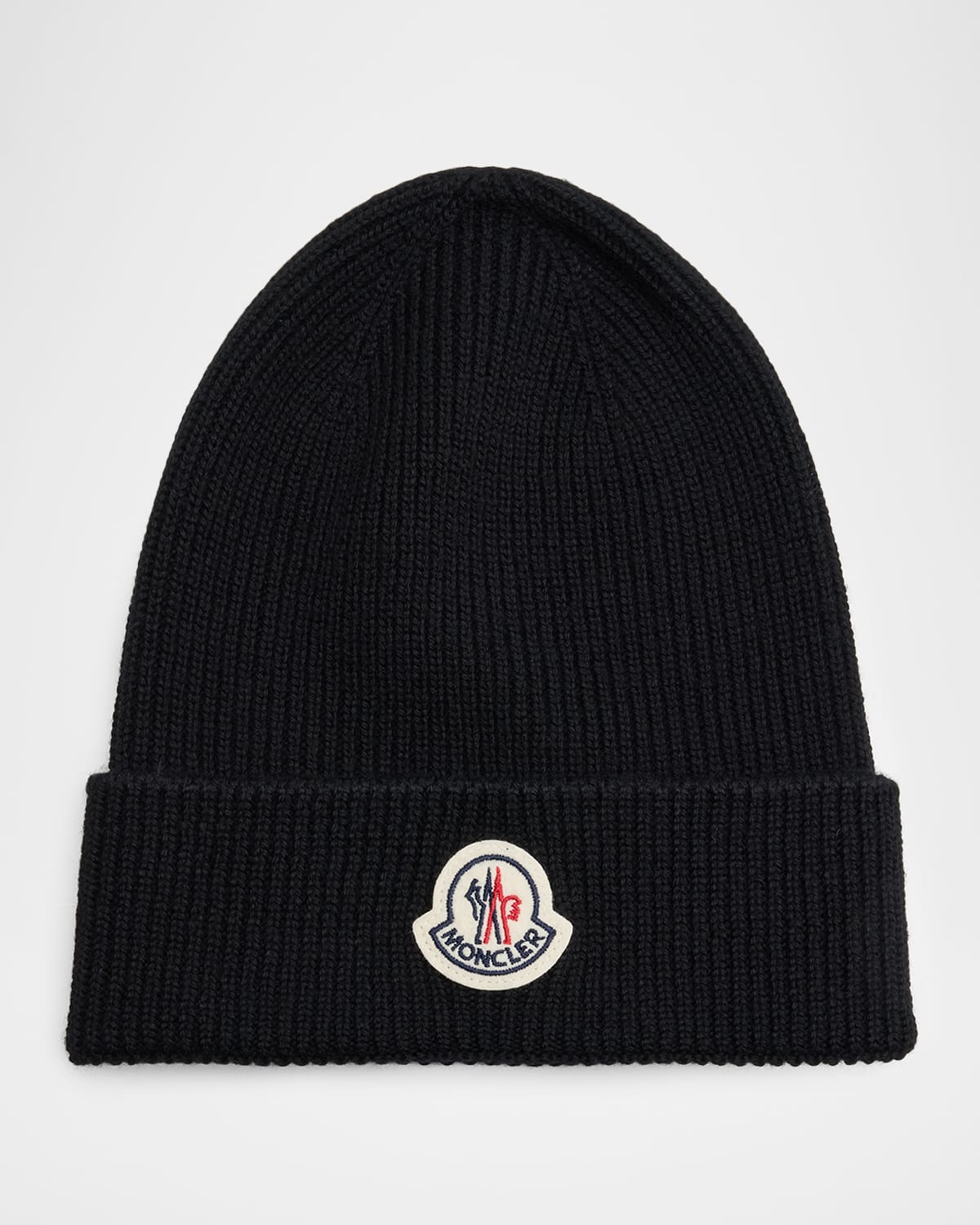 Moncler Men's Ribbed Wool Logo Beanie Hat In Black