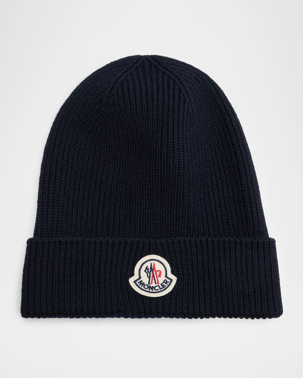 Moncler Men's Ribbed Wool Logo Beanie Hat In Blue