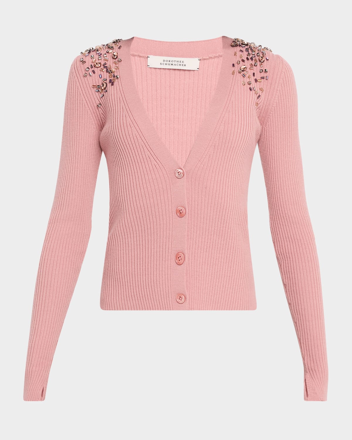 Embellished Merino Beaded Rib Knit Cardigan