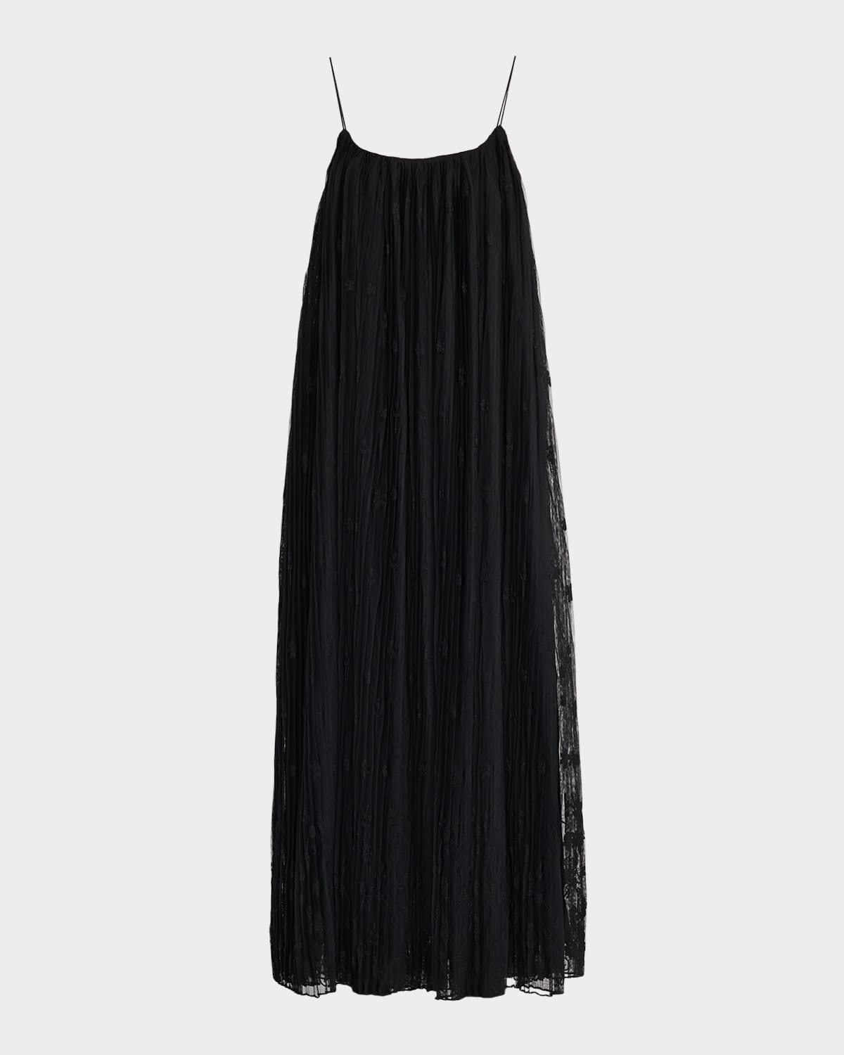 Floral Embroidered Plisse Tulle Maxi Dress