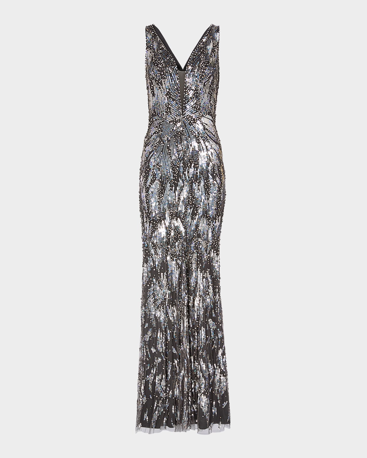 Jenny Packham Marion Embellished Plunging Column Gown In Gray