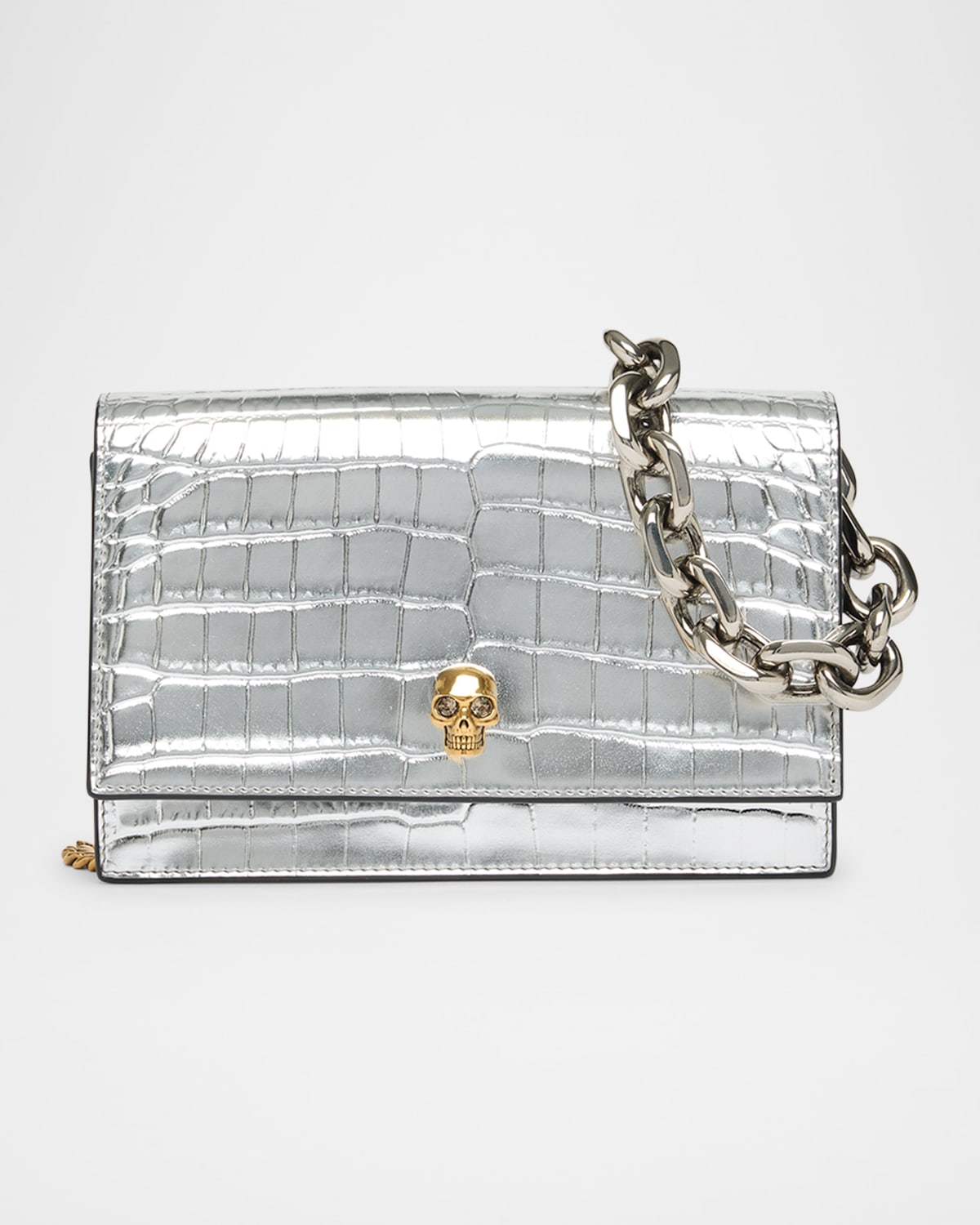 Alexander Mcqueen Skull Metallic Croc-embossed Leather Shoulder Bag In Silver