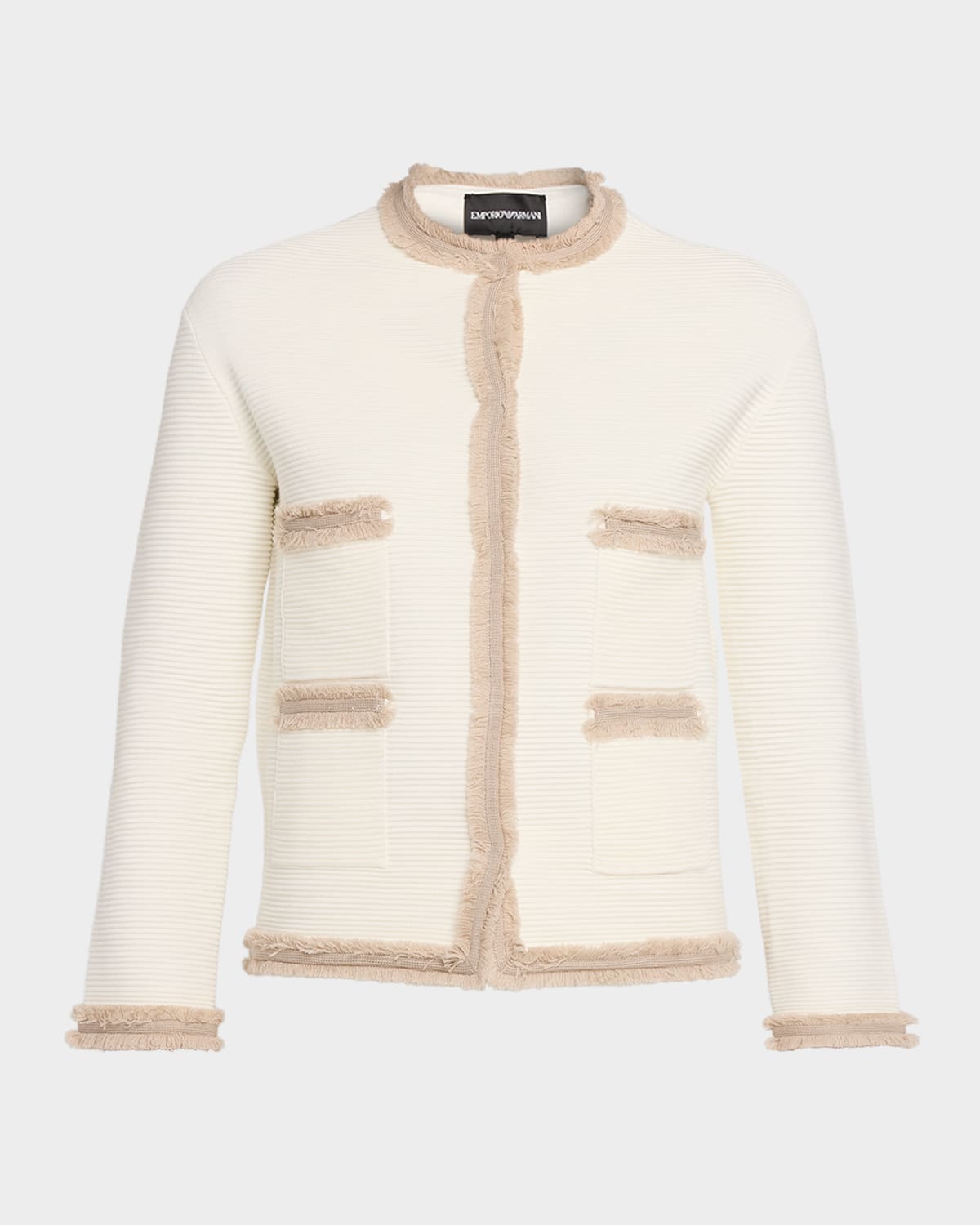 Emporio Armani Ottoman Stitch Knit Jacket With Fringe Hems In White