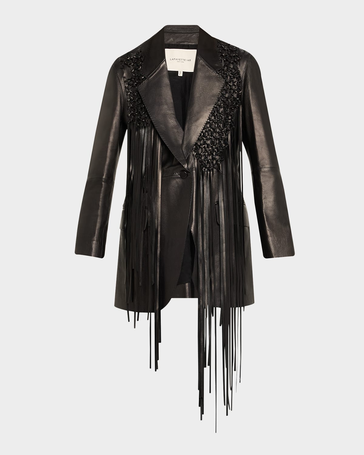 Lafayette 148 Nappa Leather Macramé Fringe Blazer In Black