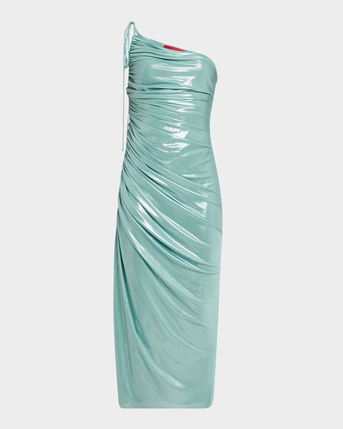 HALSTON MONA ONE-SHOULDER GLOSSY JERSEY MIDI DRESS 