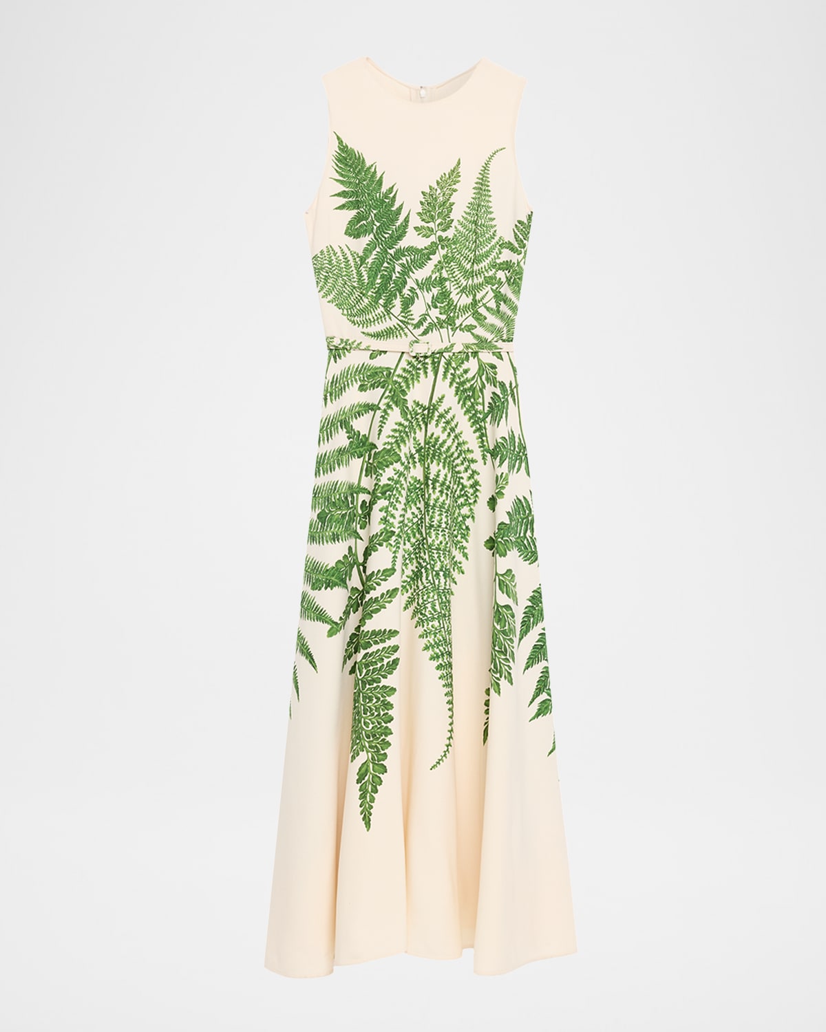 Oscar De La Renta Fern-print Double-face Wool Sleeveless Midi Day Dress With Belt In Green